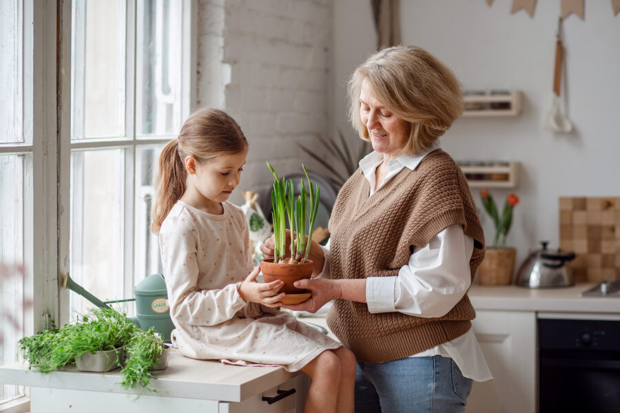 Grandmother and granddaughter plant potted plants inside the house.
